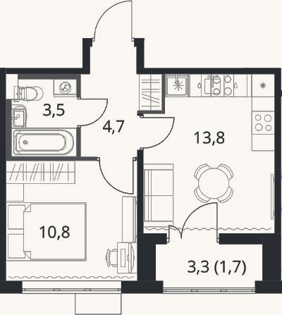 Планировка: 1-к, 32,9 м²