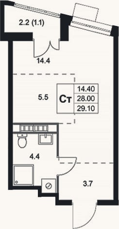 Планировка: Студия, 28 м²