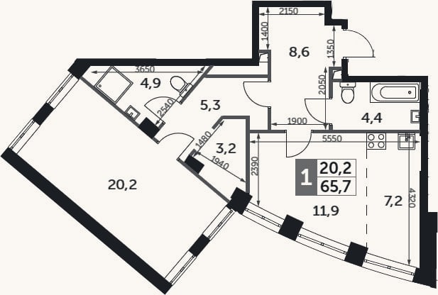 Планировка: 2-к, 65,7 м²