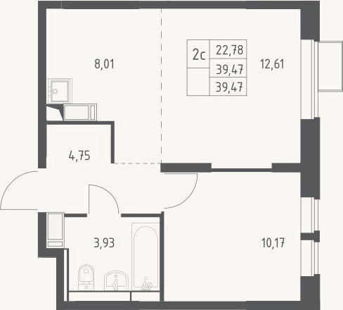 Планировка: 2-к, 39,5 м²