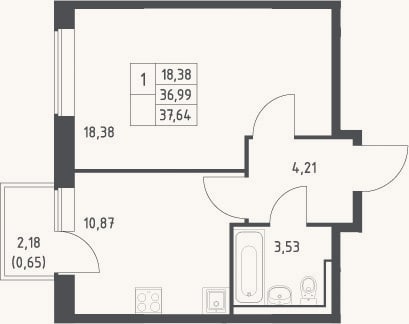 Планировка: 1-к, 37 м²