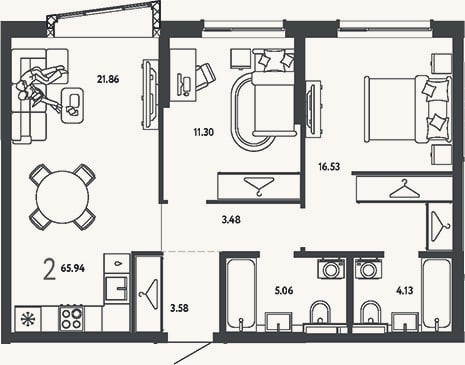 Планировка: 2-к, 65,9 м²