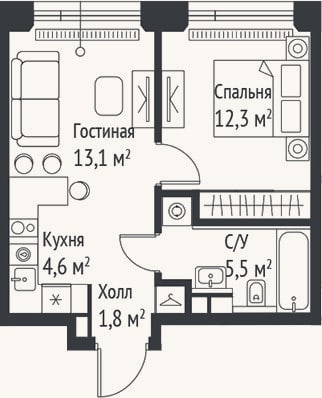 Планировка: 2-к, 37,2 м²