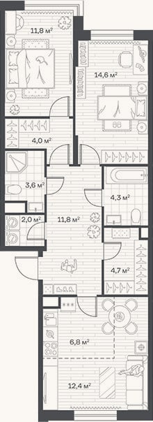 Планировка: 3-к, 76 м²