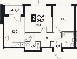 Планировка: 2-к, 53 м²