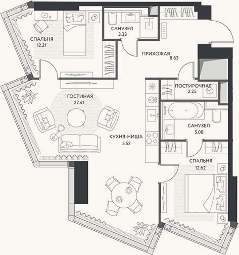 Планировка: 3-к, 77,1 м²