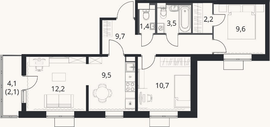 Планировка: 3-к, 58,8 м²