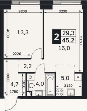 Планировка: 2-к, 45,2 м²
