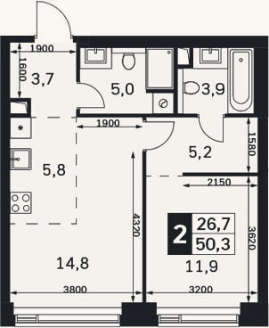 Планировка: 2-к, 50,3 м²