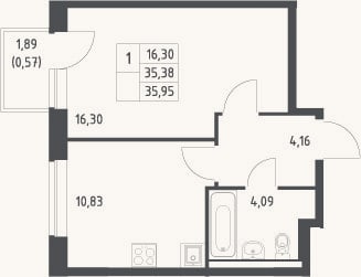 Планировка: 1-к, 35,4 м²