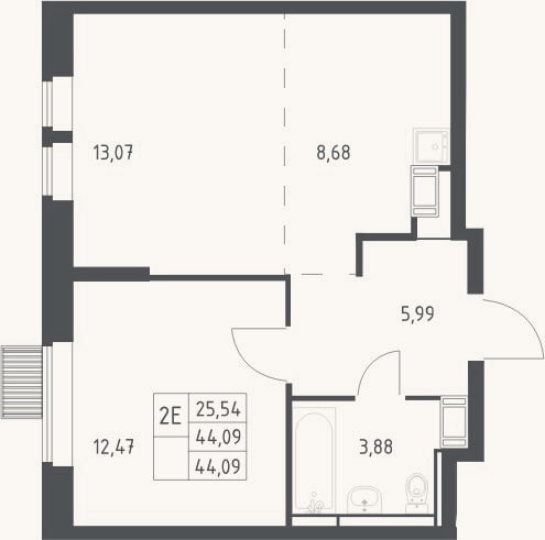 Планировка: 2-к, 44,1 м²