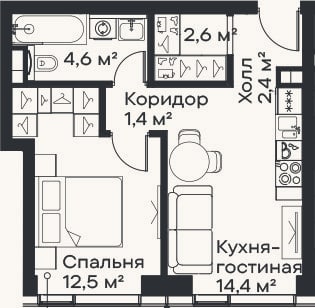 Планировка: 2-к, 37,9 м²