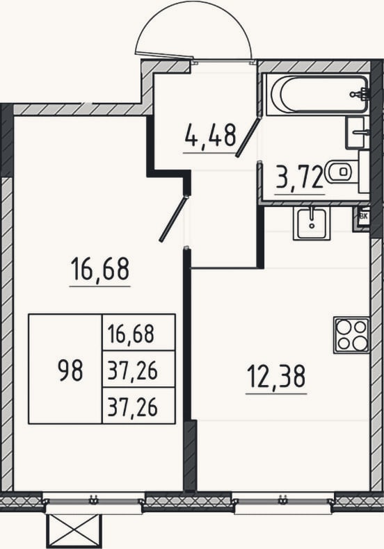 Планировка: 1-к, 37,3 м²