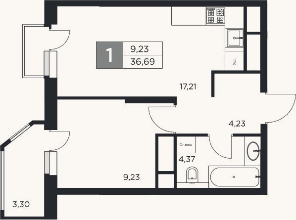 Планировка: 2-к, 35 м²
