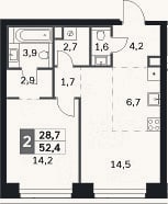 Планировка: 2-к, 52,4 м²