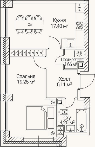 Планировка: 1-к, 48,7 м²