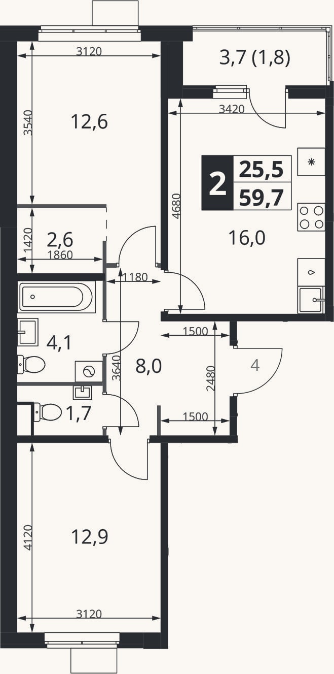 Планировка: 3-к, 57,9 м²