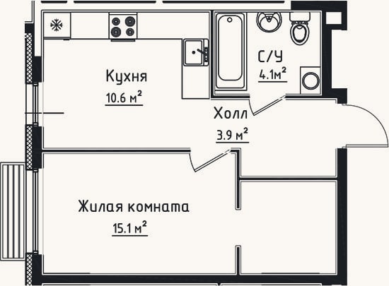 Планировка: 1-к, 33,7 м²