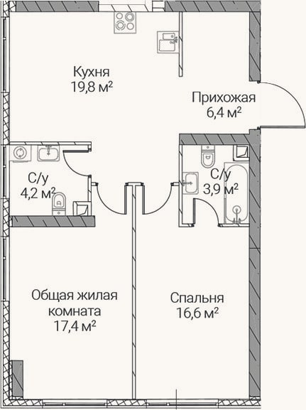 Планировка: 2-к, 68,3 м²