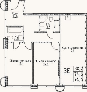 Планировка: 3-к, 74,6 м²