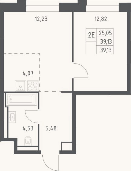 Планировка: 2-к, 39,1 м²