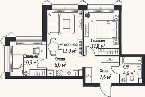 Планировка: 3-к, 54,3 м²