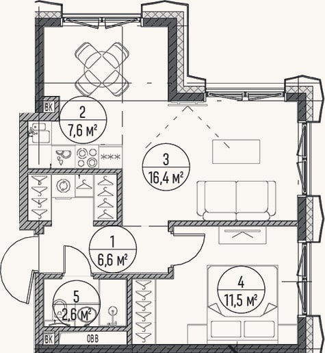 Планировка: 1-к, 44,7 м²