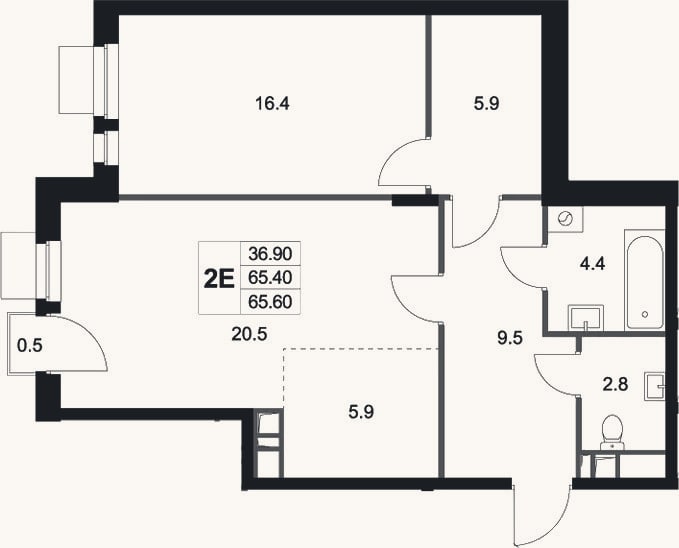 Планировка: 2-к, 65,5 м²