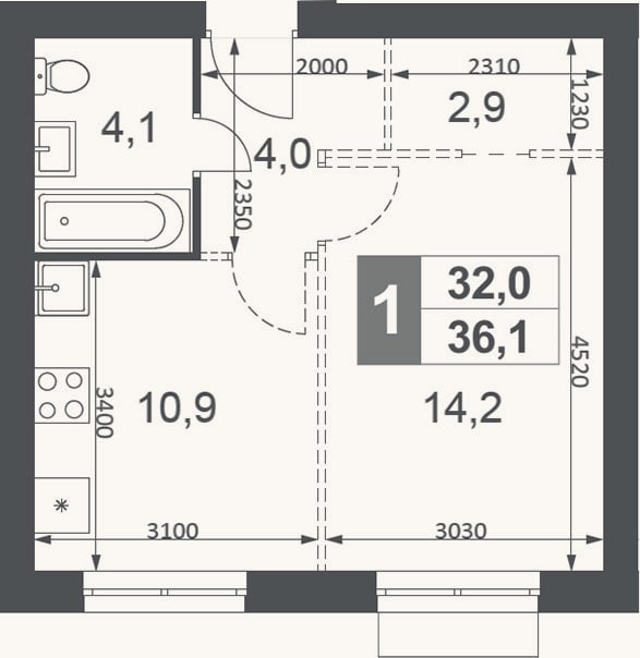 Планировка: 1-к, 36,1 м²