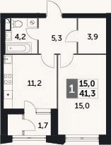 Планировка: 1-к, 39,6 м²