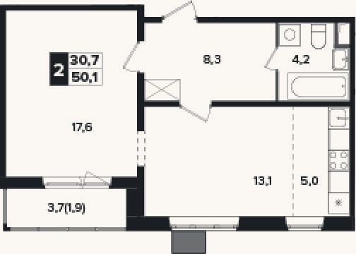 Планировка: 2-к, 48,2 м²