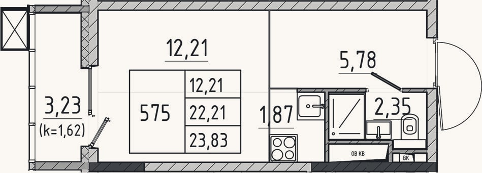 Планировка: Студия, 22,2 м²