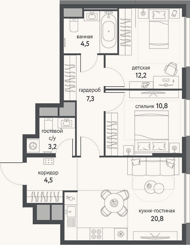 Планировка: 3-к, 63,3 м²