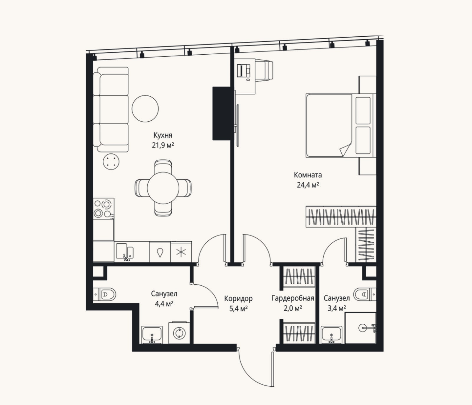 Планировка: 2-к, 61,5 м²