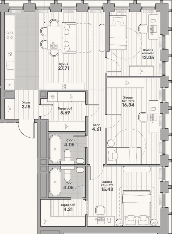 Планировка: 3-к, 97,3 м²