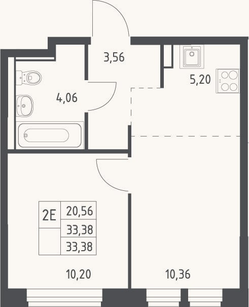 Планировка: 2-к, 33,4 м²