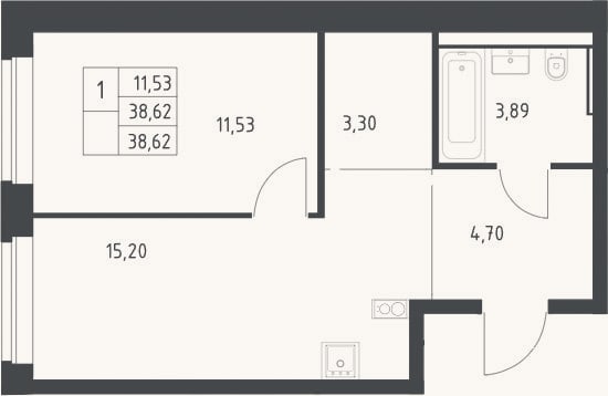 Планировка: 2-к, 38,6 м²
