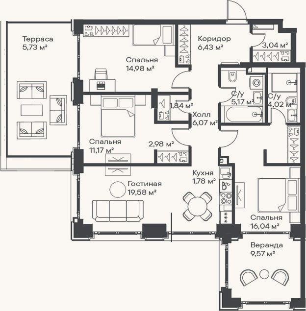 Планировка: 4+ к, 93,1 м²