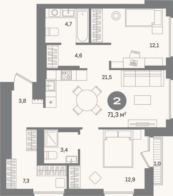 Планировка: 2-к, 70,3 м²