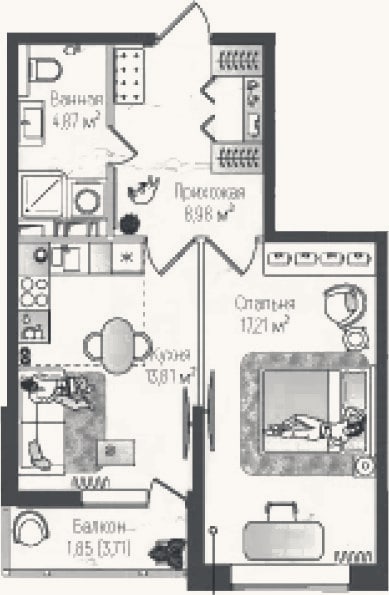 Планировка: 1-к, 44,9 м²