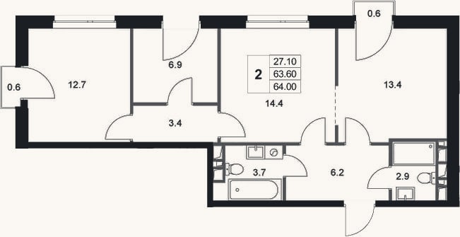 Планировка: 2-к, 63,8 м²