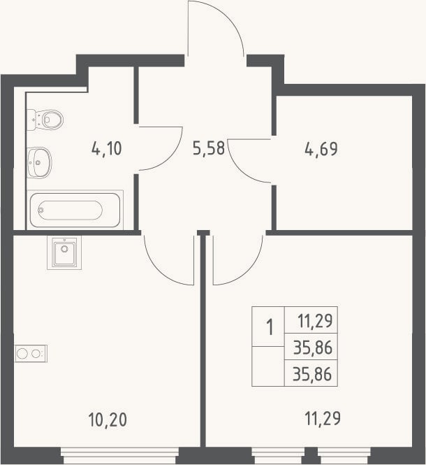 Планировка: 1-к, 35,9 м²