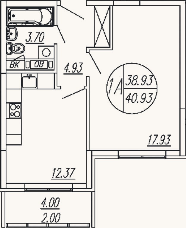 Планировка: 1-к, 38,9 м²