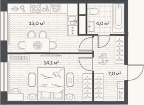 Планировка: 1-к, 38,1 м²