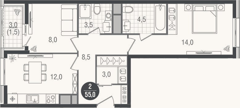 Планировка: 2-к, 53,5 м²