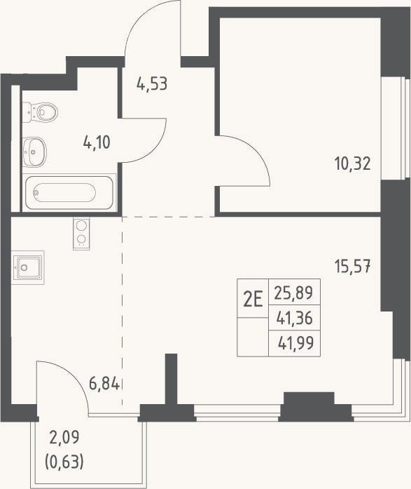 Планировка: 2-к, 41,4 м²