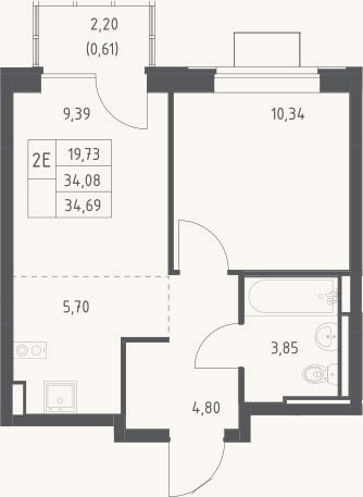 Планировка: 2-к, 34,1 м²