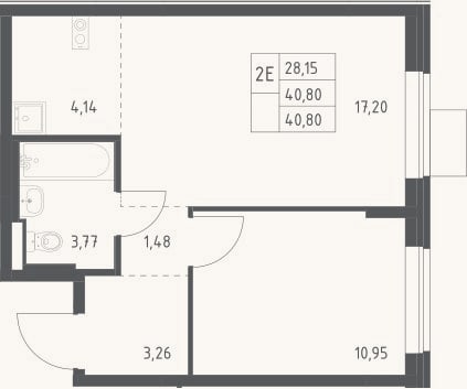 Планировка: 2-к, 40,8 м²