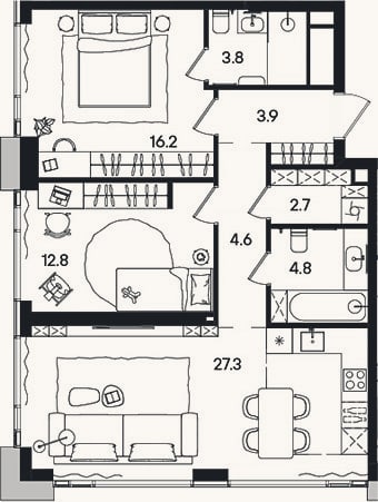 Планировка: 3-к, 76,1 м²