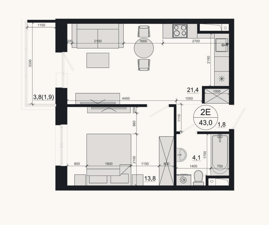 Планировка: 2-к, 41,1 м²